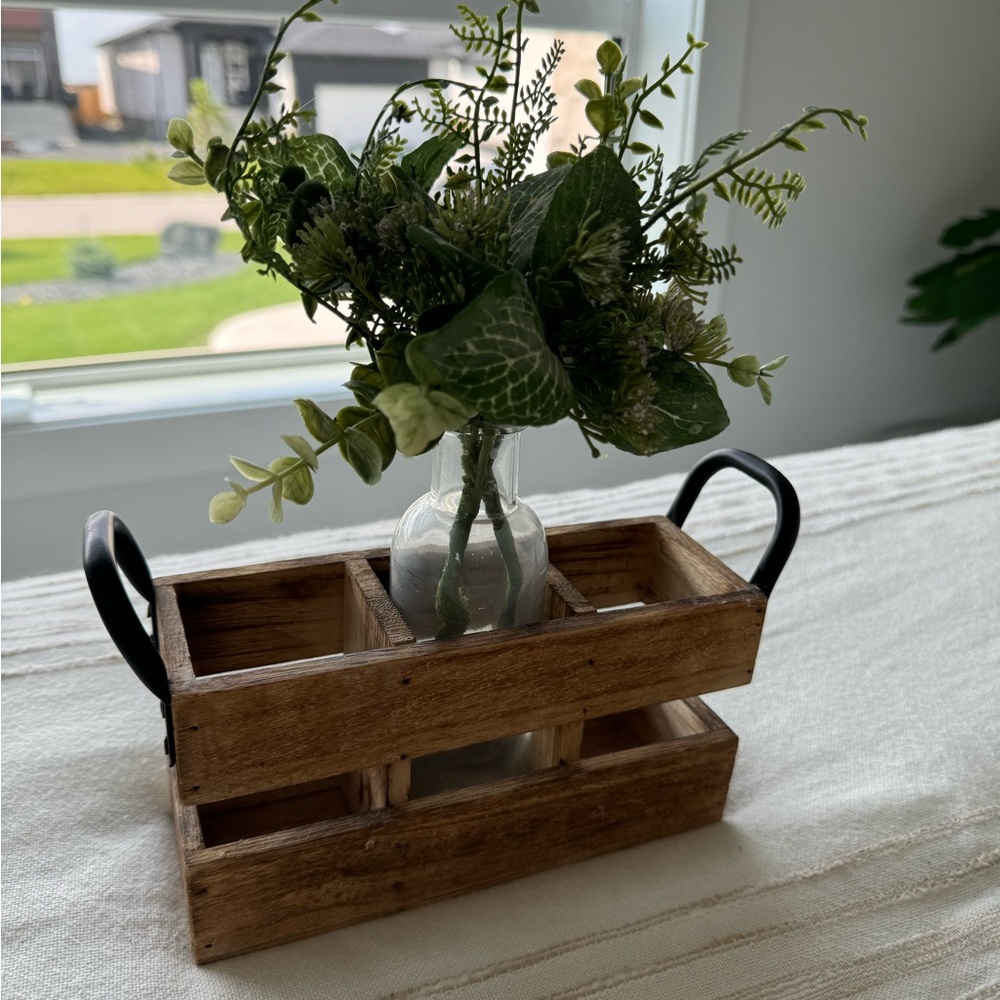 Rustic Wooden Caddy with Black Handles and Glass Vase